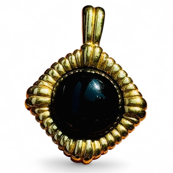 Vintage Kenneth Jay Lane KJL Gold Tone Black Cabochon Necklace Pendant - Picture 1 of 5